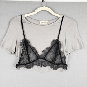 Bear Dance Size S Lace Bralette Overlay Tee Crop Top Gray Black Alternative Punk